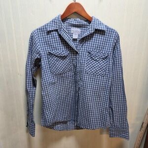 Arizona Jean Company Button Up Shirt Womens Small Blue Plaid Long Sleeve Cotton